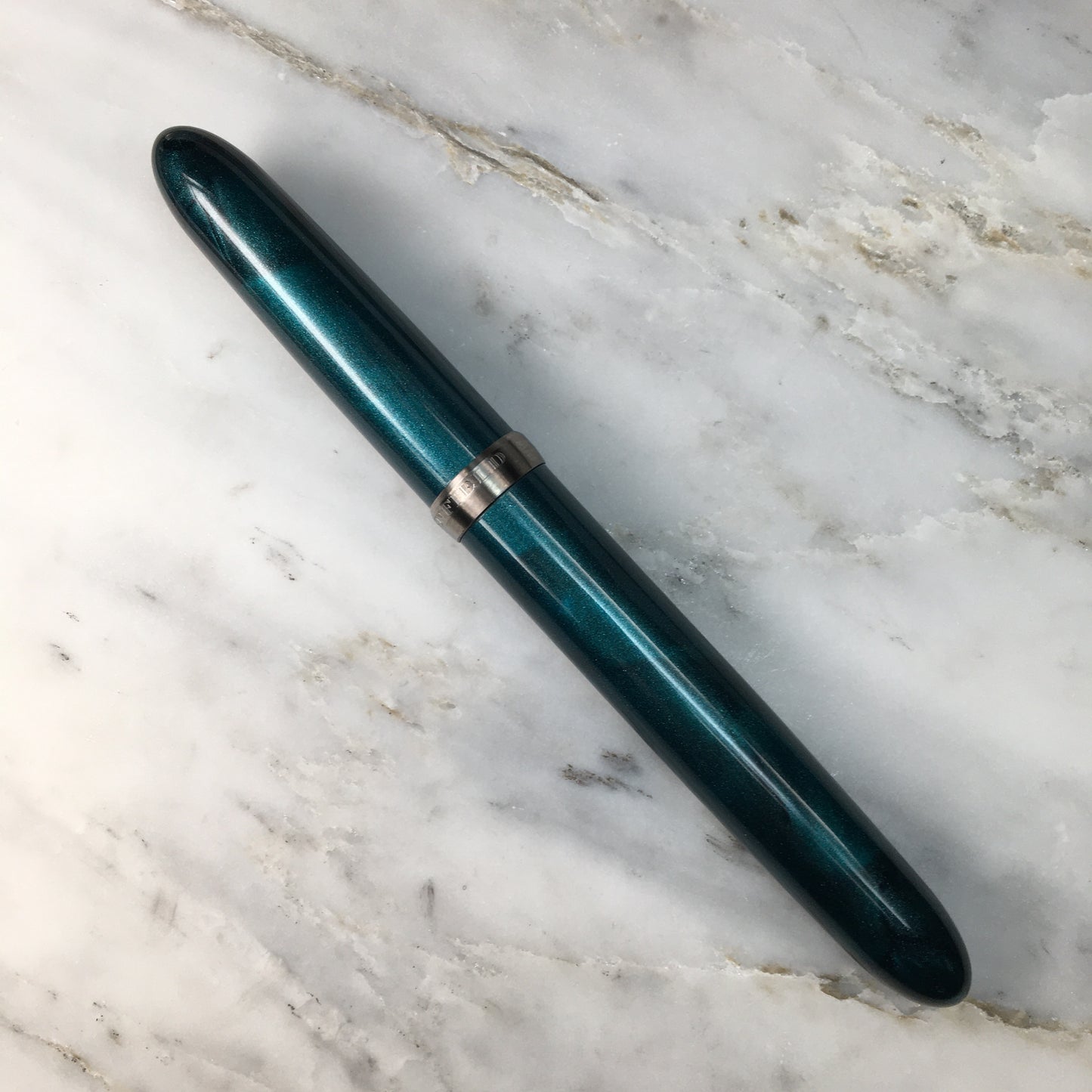 Model 3. Cigar-Style Fountain Pen with Titanium Cap Ring. Metallic Forest Green.