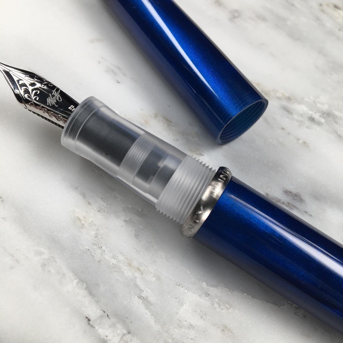 Model 3. Cigar-Style Fountain Pen with Titanium Rollstop. Nautical Blue.