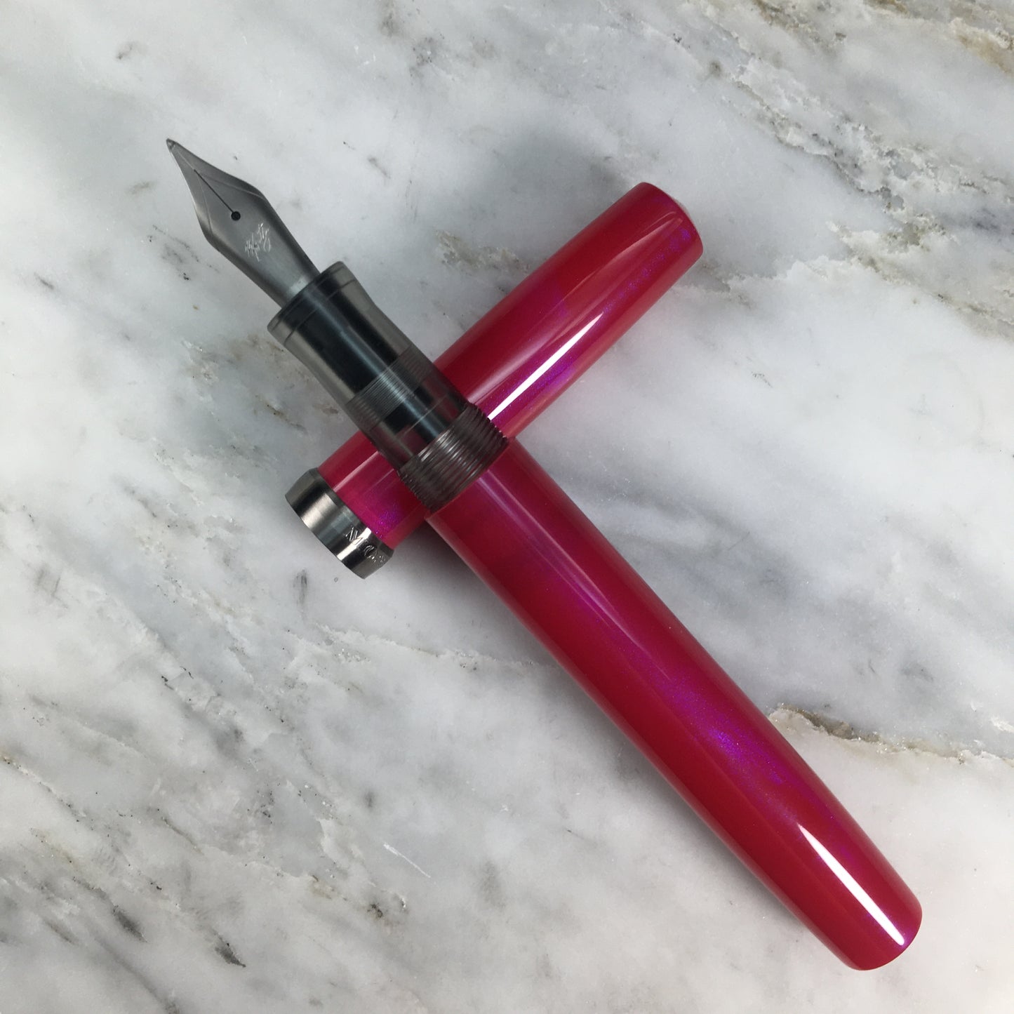 Model 7. Resin Fountain Pen with Titanium Cap Ring. Neon Pink