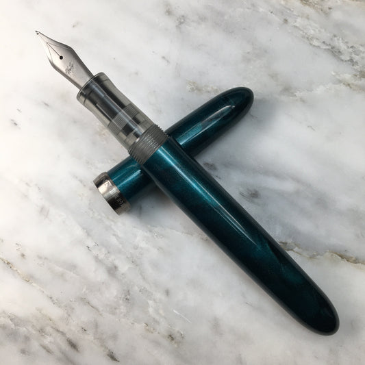 Model 3. Cigar-Style Fountain Pen with Titanium Cap Ring. Metallic Forest Green.