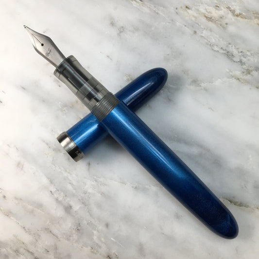 Model 3. Cigar-Style Fountain Pen with Titanium Cap Ring. Metallic Cobalt.