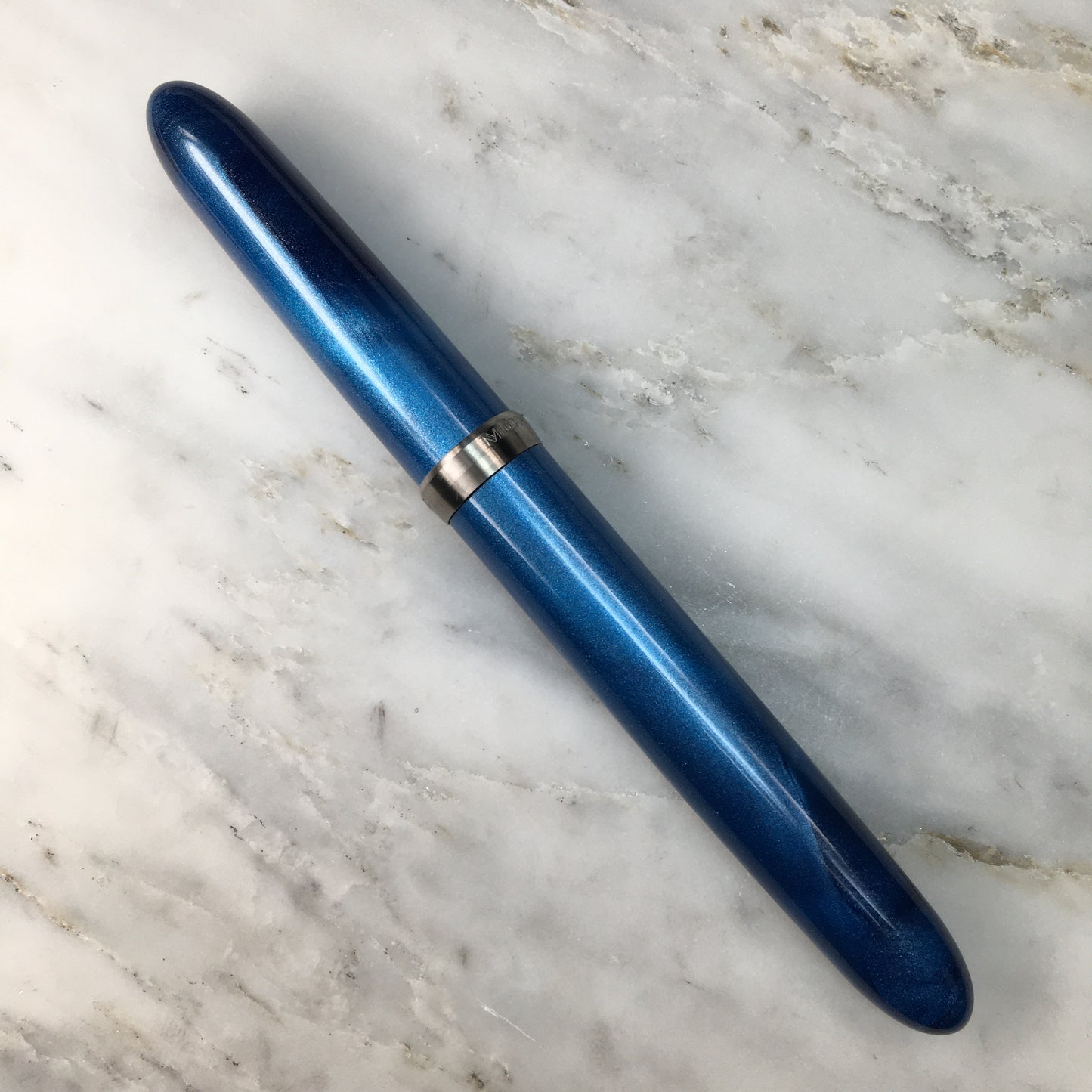 Model 3. Cigar-Style Fountain Pen with Titanium Cap Ring. Metallic Cobalt.