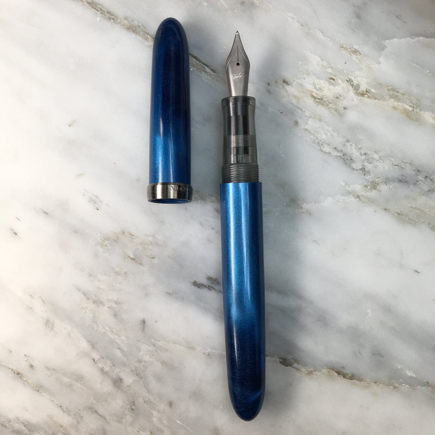 Model 3. Cigar-Style Fountain Pen with Titanium Cap Ring. Metallic Cobalt.
