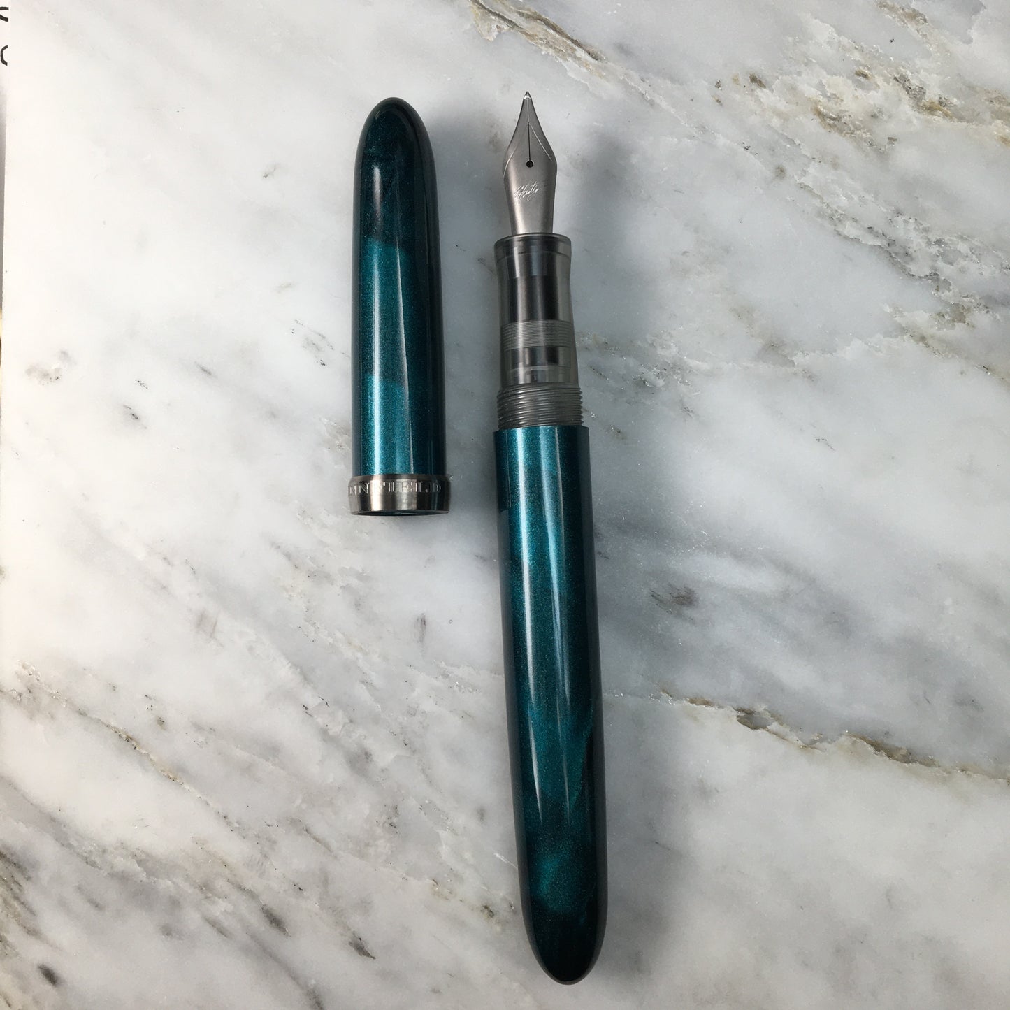Model 3. Cigar-Style Fountain Pen with Titanium Cap Ring. Metallic Forest Green.