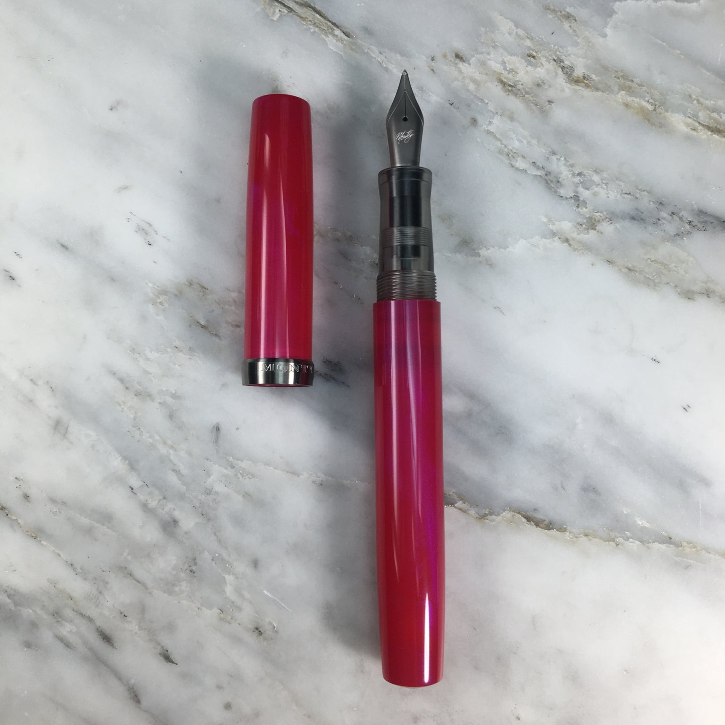 Model 7. Resin Fountain Pen with Titanium Cap Ring. Neon Pink
