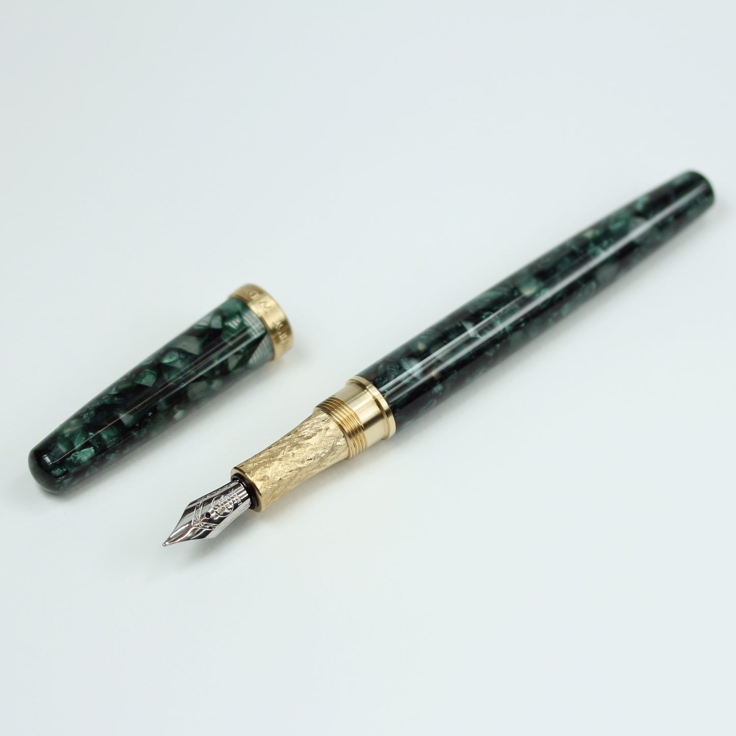 Model 1. Esquire Emerald Green Acrylic Fountain Pen with Brass Accents