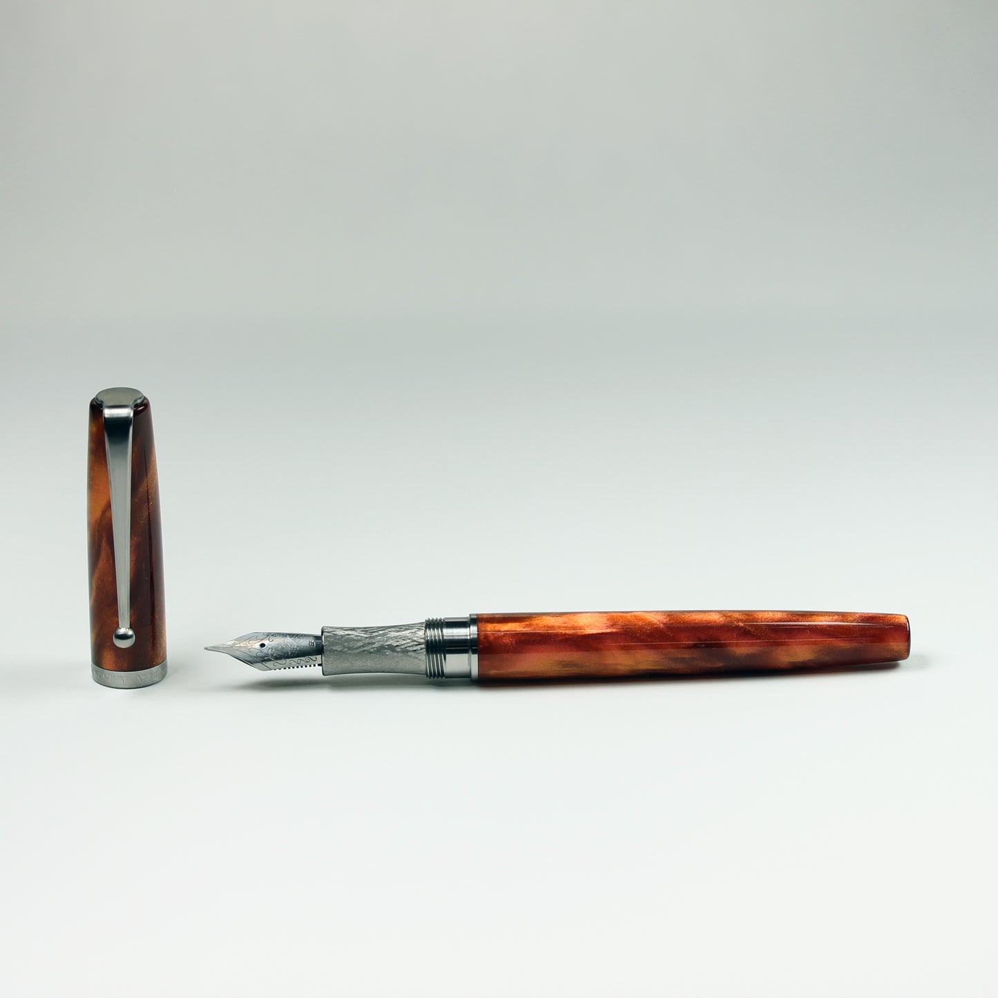 Model 1. Orange Sapphire Alumilite Fountain Pen with Titanium Waterfall Clip