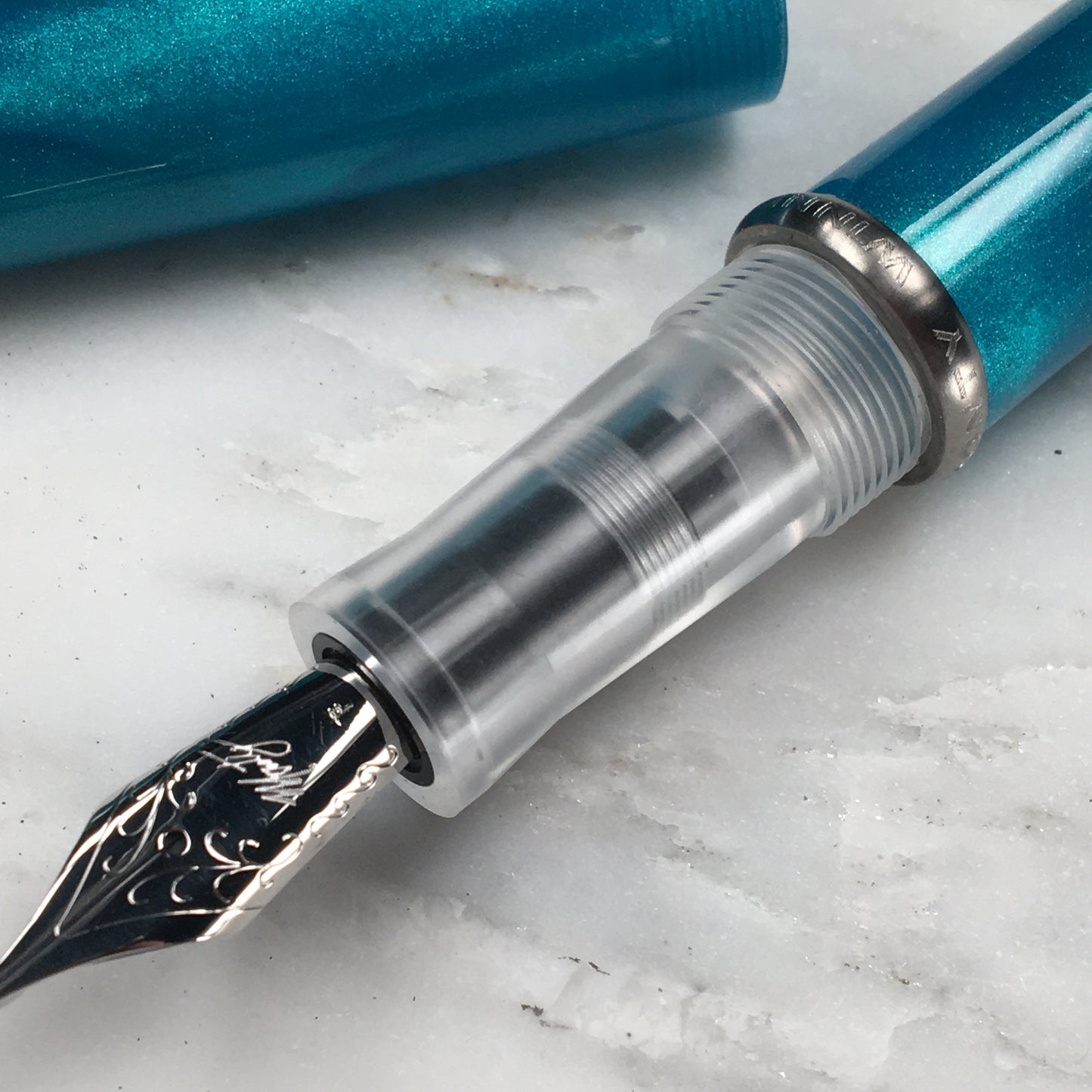 Model 3. Cigar-Style Fountain Pen with Titanium Rollstop. Peacock.