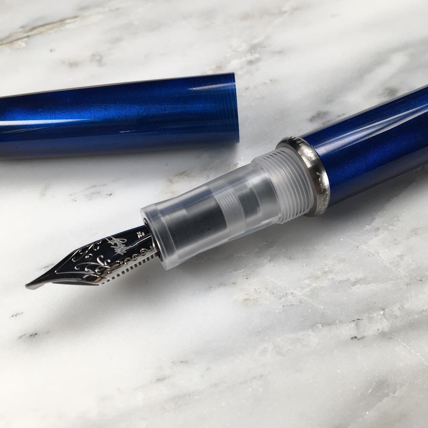 Model 3. Cigar-Style Fountain Pen with Titanium Rollstop. Nautical Blue.