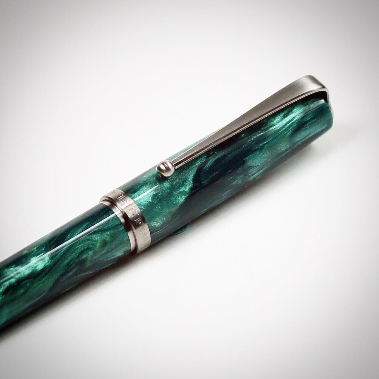 Model 1. Emerald Green Alumilite Fountain Pen with Titanium Waterfall Clip