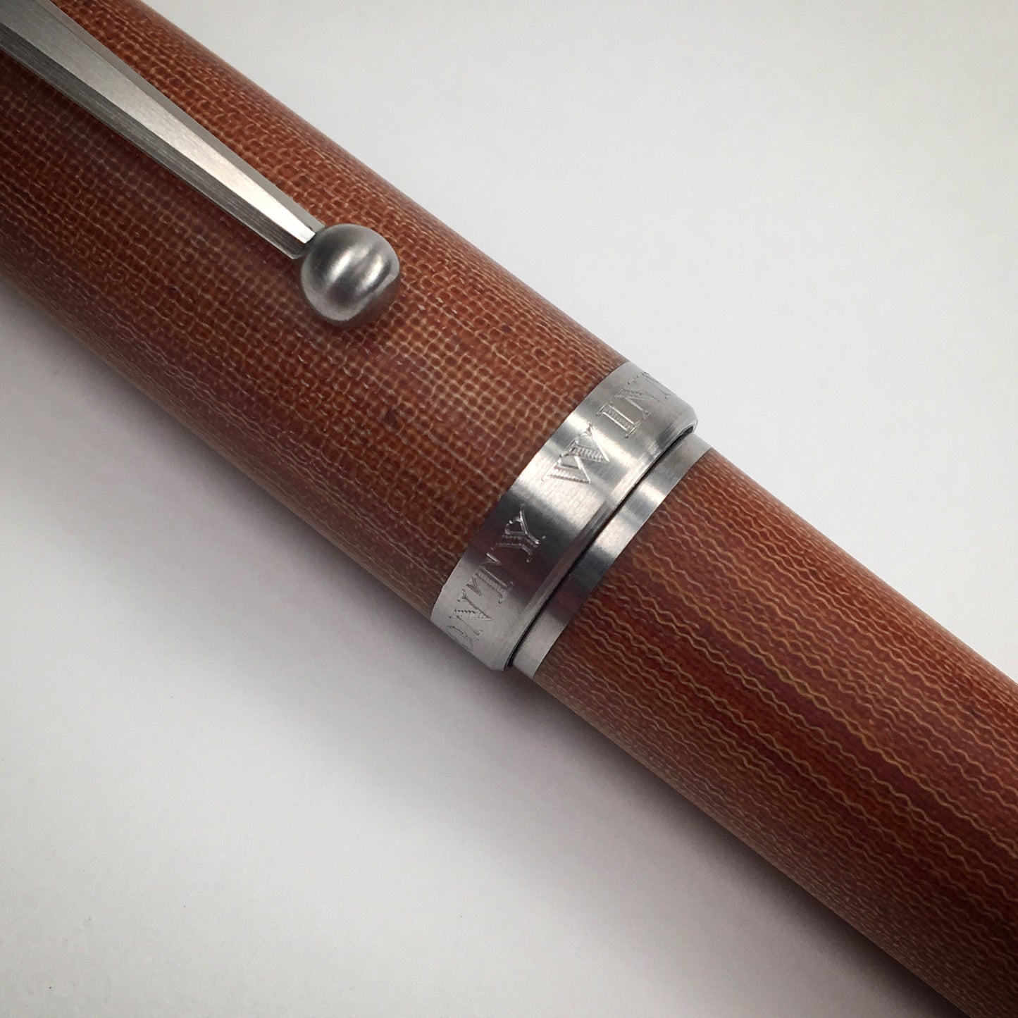 Model 1. Linen Micarta Fountain Pen with Titanium Hardware and Waterfall Clip