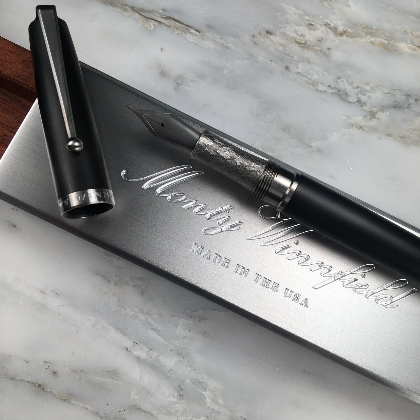 Model 1. Ebonite Fountain Pen with Titanium Waterfall Clip and Hand-Scraped Titanium Grip